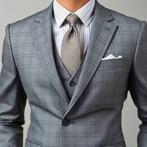 A grey suit with a subtle windowpane check pattern.